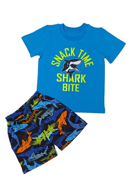Комплект для мальчика футболка с рисунком и шортами кулир с изображением акулы, Синий, 6-7 лет, 122см