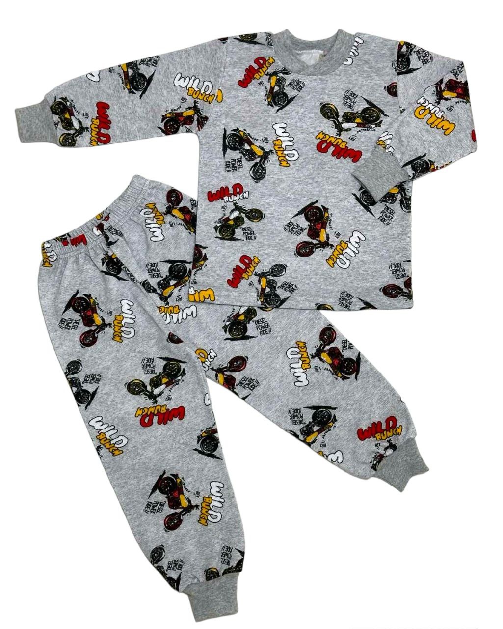 Детские трикотажные пижамы для мальчика. Пижама с манжетом цветной начёс серого цвета с изображением мотоцикла. ТМ «Пташка Украина»