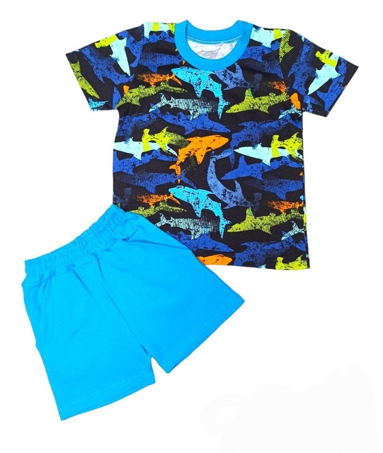 Комплект для мальчика футболка с однотонными шортами кулир с изображением акулы, Синий, 6-7 лет, 122см