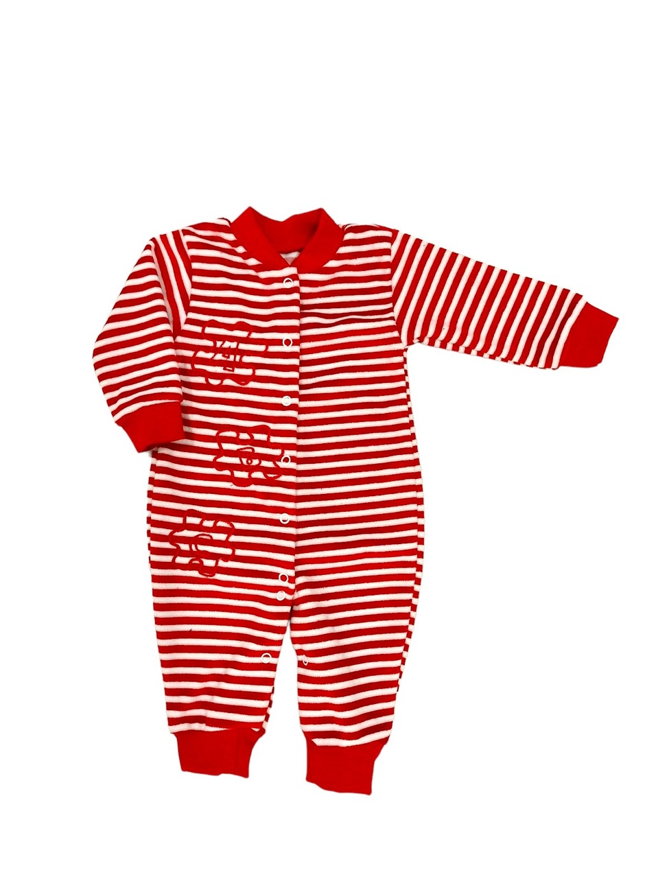 Ясельний трикотажний комбінезон для новорожденного. Комбинезон велюр полосатый с вышивкой красного цвета. ТМ «Пташка Украина»