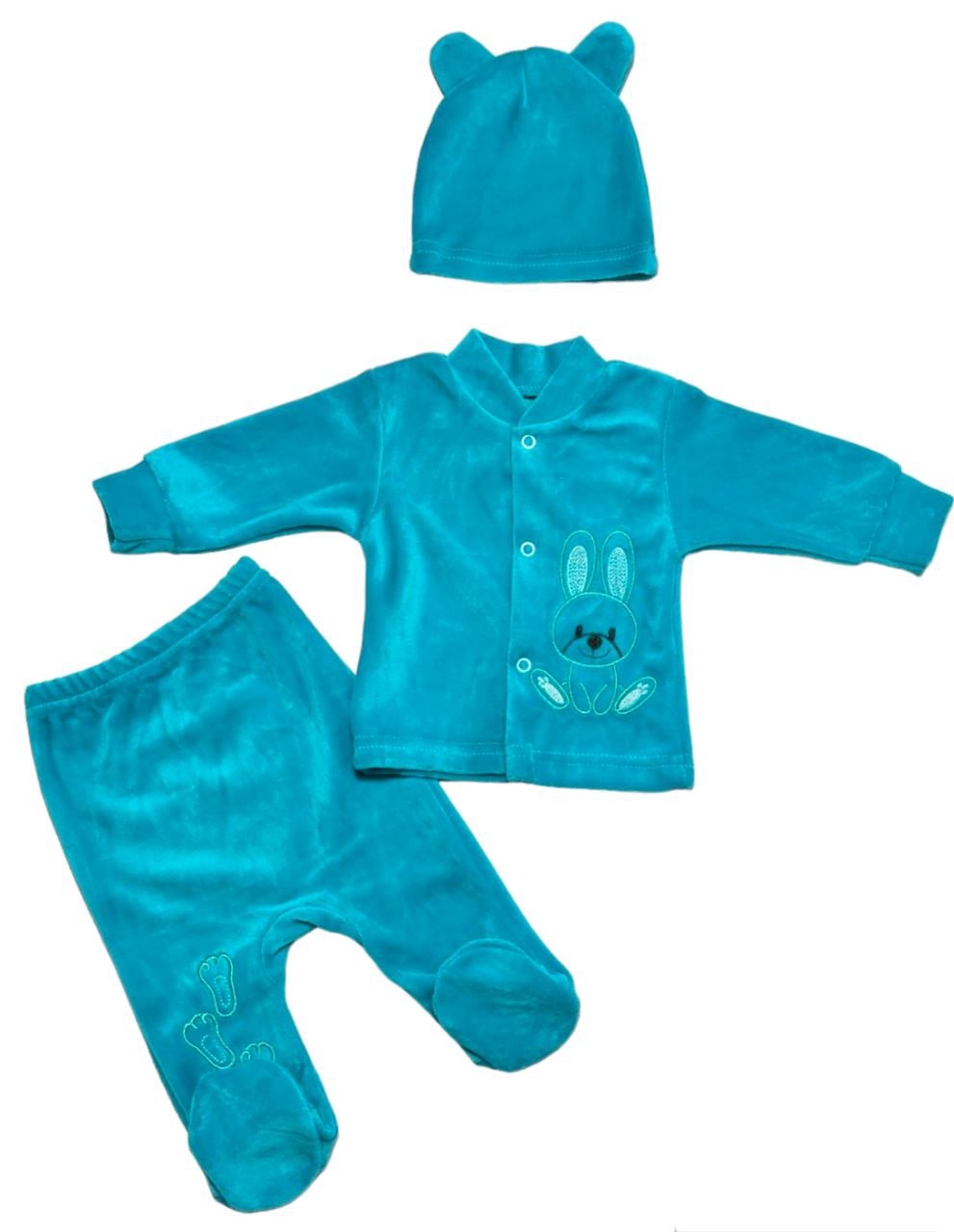 Комплект "БАННИ " бирюзового цвета с вышивкой велюр, Бирюзовый, 0-1 месяц, 56см