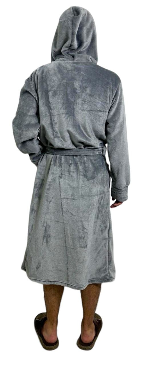 Халат мужской с капюшоном цветная рваная махра серого цвета , Серый, 60-62