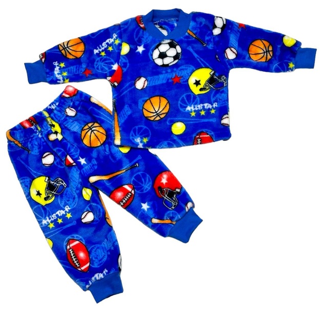 Дитячі трикотажні піжами для хлопчика. Піжама на манжеті кольорова рвана махра синього кольору із зображенням м'ячів. ТМ «Пташка Украина»