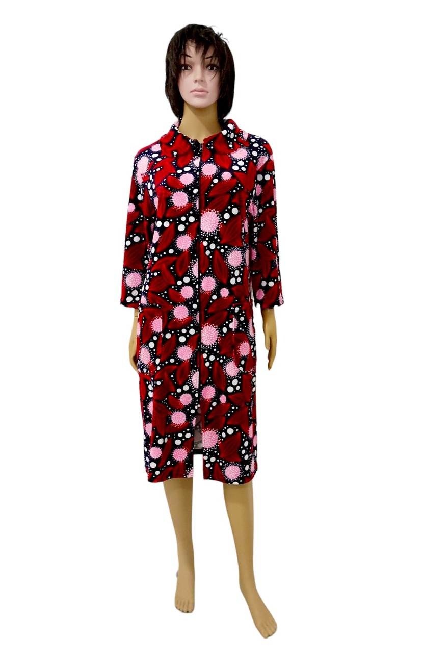 Жіночі теплі махрові халати. Жіночий халат "ГАЛЯ" велюр із червоними листочками. ТМ «Пташка Украина»