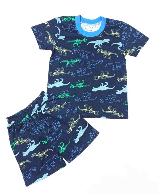 Комплект для мальчика футболка с шортами цветной кулир с изображением динозавриков, Синий, 6-7 лет, 122см