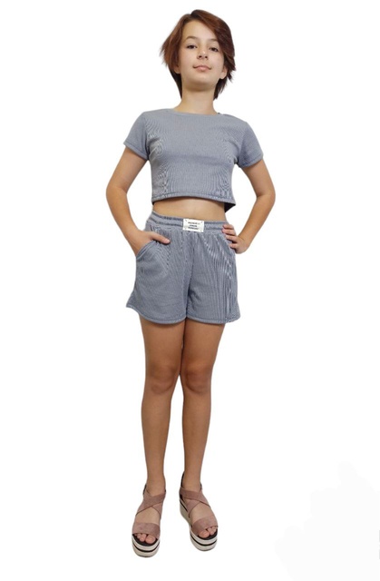 Комплект футболка із шортами однотонний рубчик сірого кольору, Сірий, 12-14 років, 152см