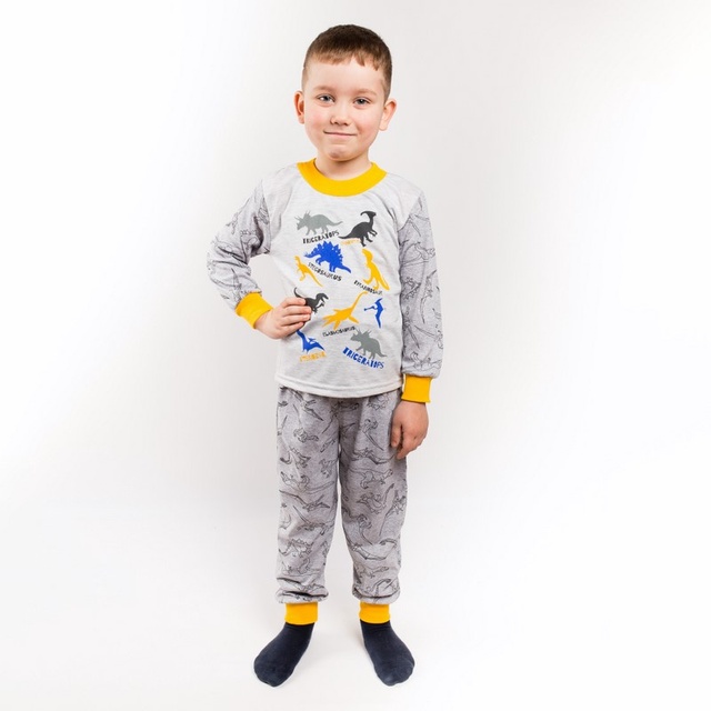 Дитячі трикотажні піжами для хлопчика. Трикотажна піжама на хлопчика «ДИНОЗАУР» кулір жовтого кольору. ТМ «Пташка Украина»