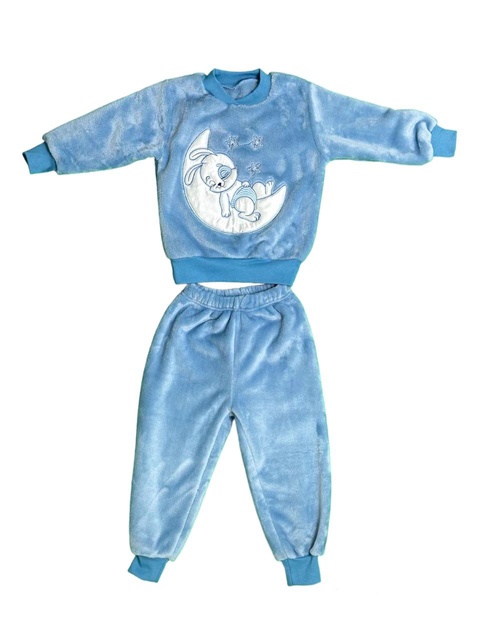 Дитячі трикотажні піжами для хлопчика. Піжама однотонна рвана махра з вишивкою блакитного кольору. ТМ «Пташка Украина»