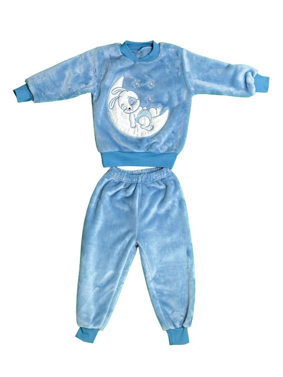 Детские трикотажные пижамы для мальчика. Пижама однотонная рваная махра с вышивкой голубого цвета. ТМ «Пташка Украина»