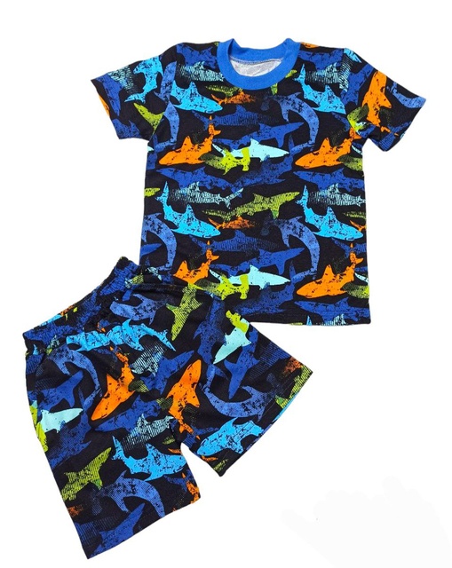 комплект для мальчика футболка с шортами цветной кулир с изображением акулы, Синий, 6-7 лет, 122см