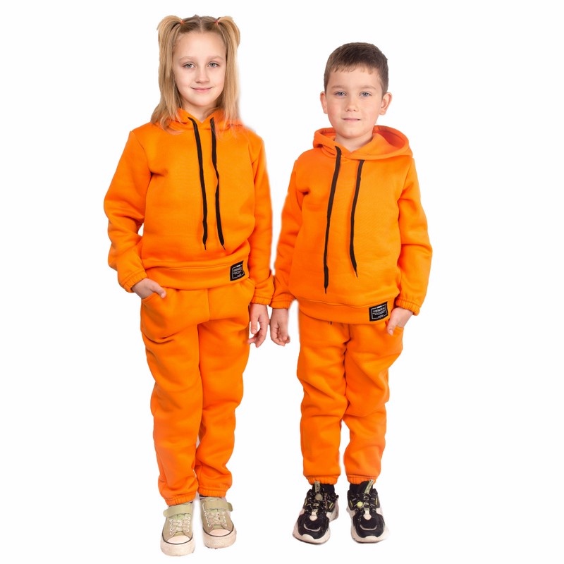 Дитячі трикотажні костюми на дівчинку. Костюм з капюшоном тринитка на флісі помаранчевого кольору. ТМ «Пташка Украина»