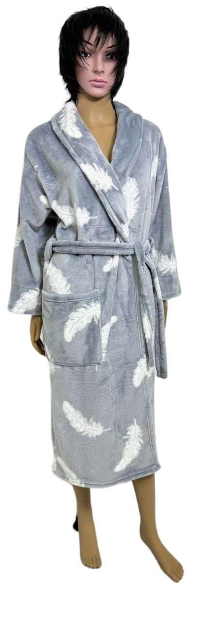 Женский махровый халат "ПАУЛА" серого цвета с изображением перья рукав тричетверти, Серый, 56-58