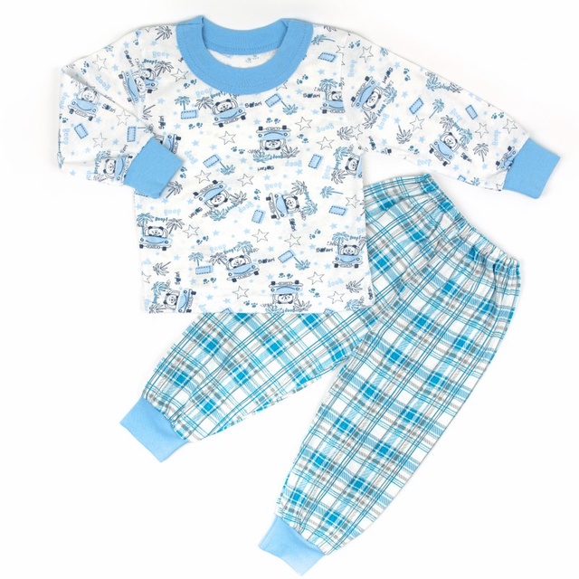 Дитячі трикотажні піжами для хлопчика. Дитяча трикотажна піжама на манжеті кулір блакитного кольору. ТМ «Пташка Украина»