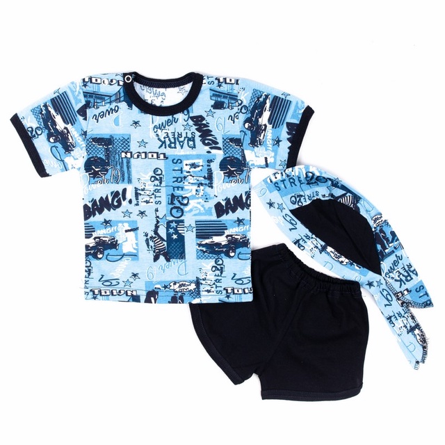 Комплект «Футболка+шорти+бандана» кулір блакитного кольору, Блакитний, 24, 1,5 роки