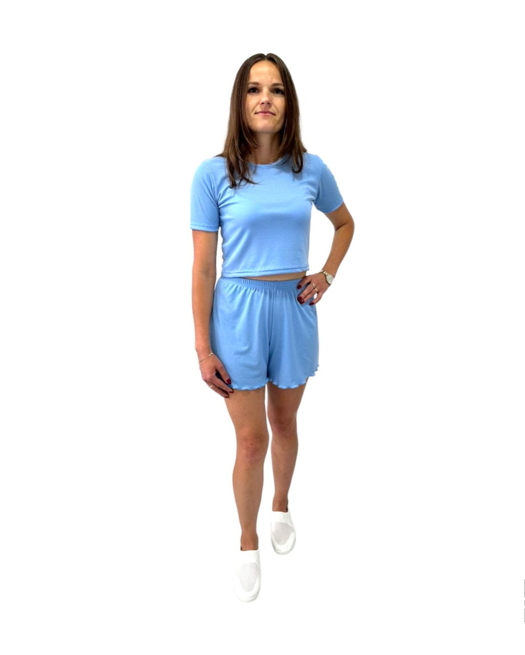 Комплект жіночий футболка із шортами мустанг рубчик блакитного кольору, Блакитний, 42