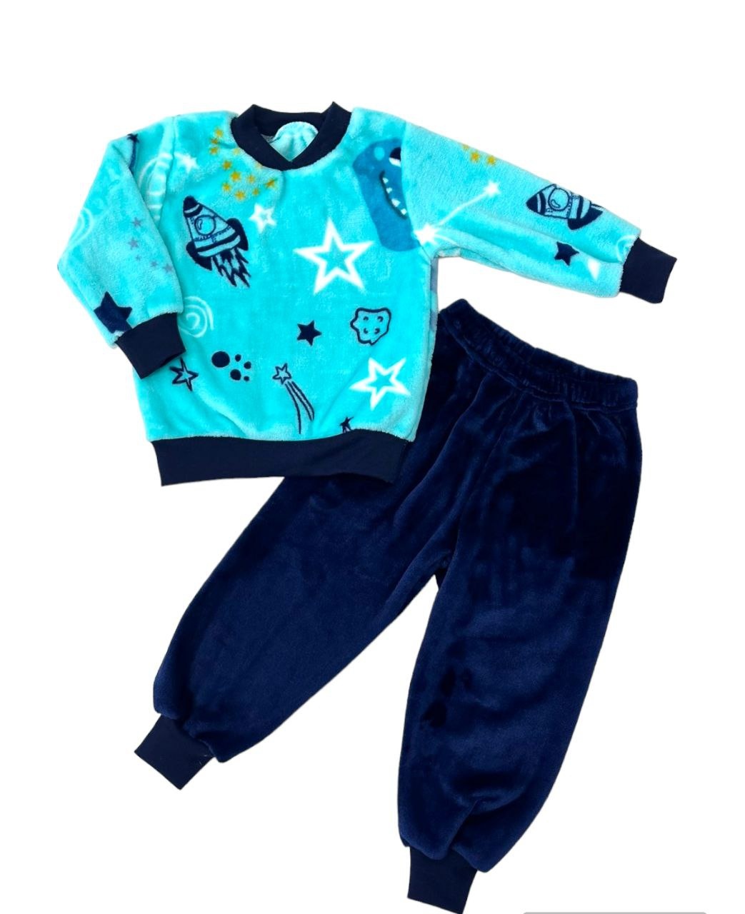 Детские трикотажные пижамы для мальчика. Пижама комбинирована махра на манжетах голубого цвета. ТМ «Пташка Украина»