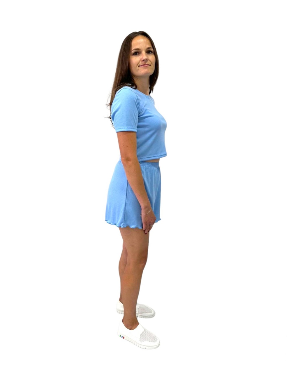 Комплект жіночий футболка із шортами мустанг рубчик блакитного кольору, Блакитний, 42