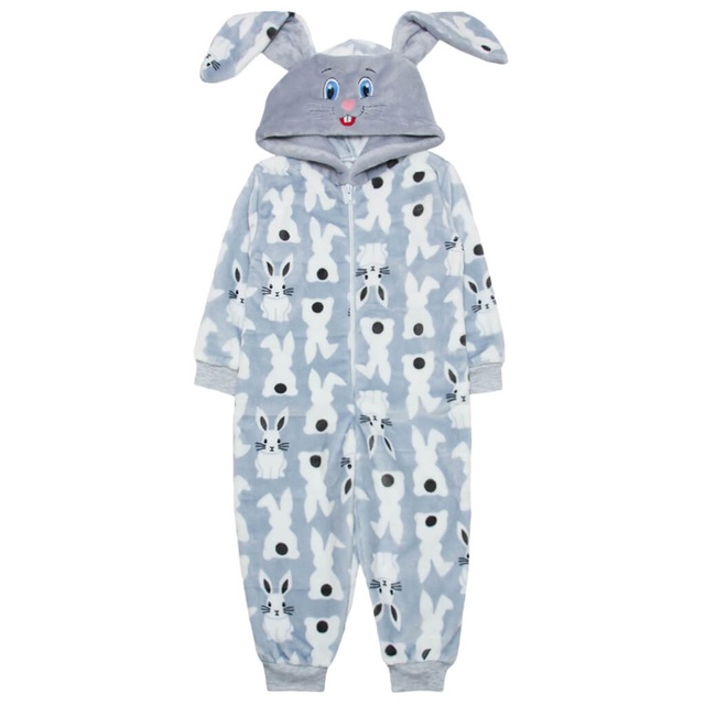 Детские трикотажные пижамы для мальчика. Кигуруми детское светло-серый зайчик.