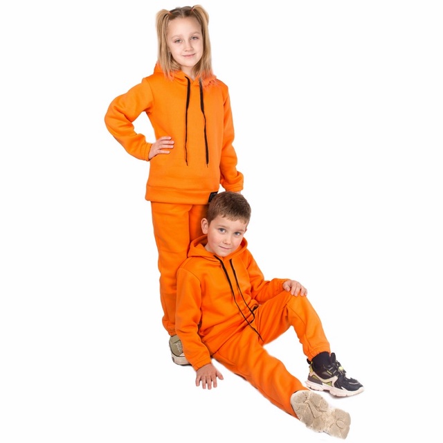 Детские трикотажные костюмы на девочку. Костюм с капюшоном трехнитка на флисе оранжевого цвета. ТМ «Пташка Украина»
