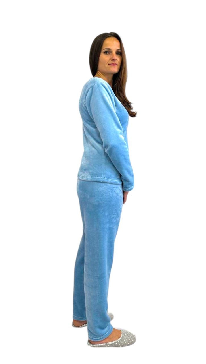 Піжама жіноча однотонна рвана махра із вишивкою блакитного кольору, Блакитний, 44