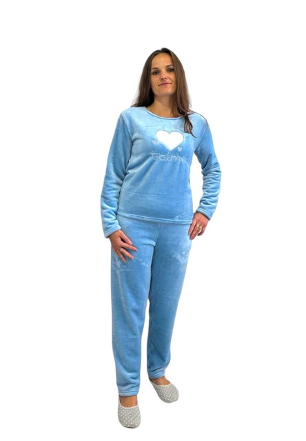 Піжама жіноча однотонна рвана махра із вишивкою блакитного кольору, Блакитний, 48