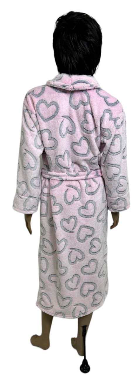 Женский махровый халат "ПАУЛА" розового цвета с изображением сердечек рукав тричетверти, Розовый, 44-46