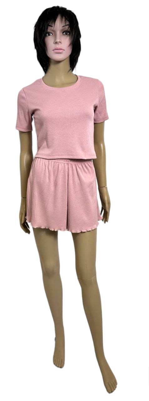 Комплект жіночий футболка із шортами мустанг рубчик пудрового кольору, Пудровий, 42