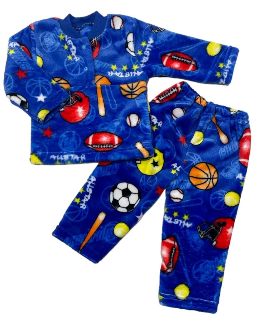 Дитячі трикотажні піжами для хлопчика. Піжама дитяча на 2-х гудзиках рвана махра синього кольору  із зображенням м'яча. ТМ «Пташка Украина»