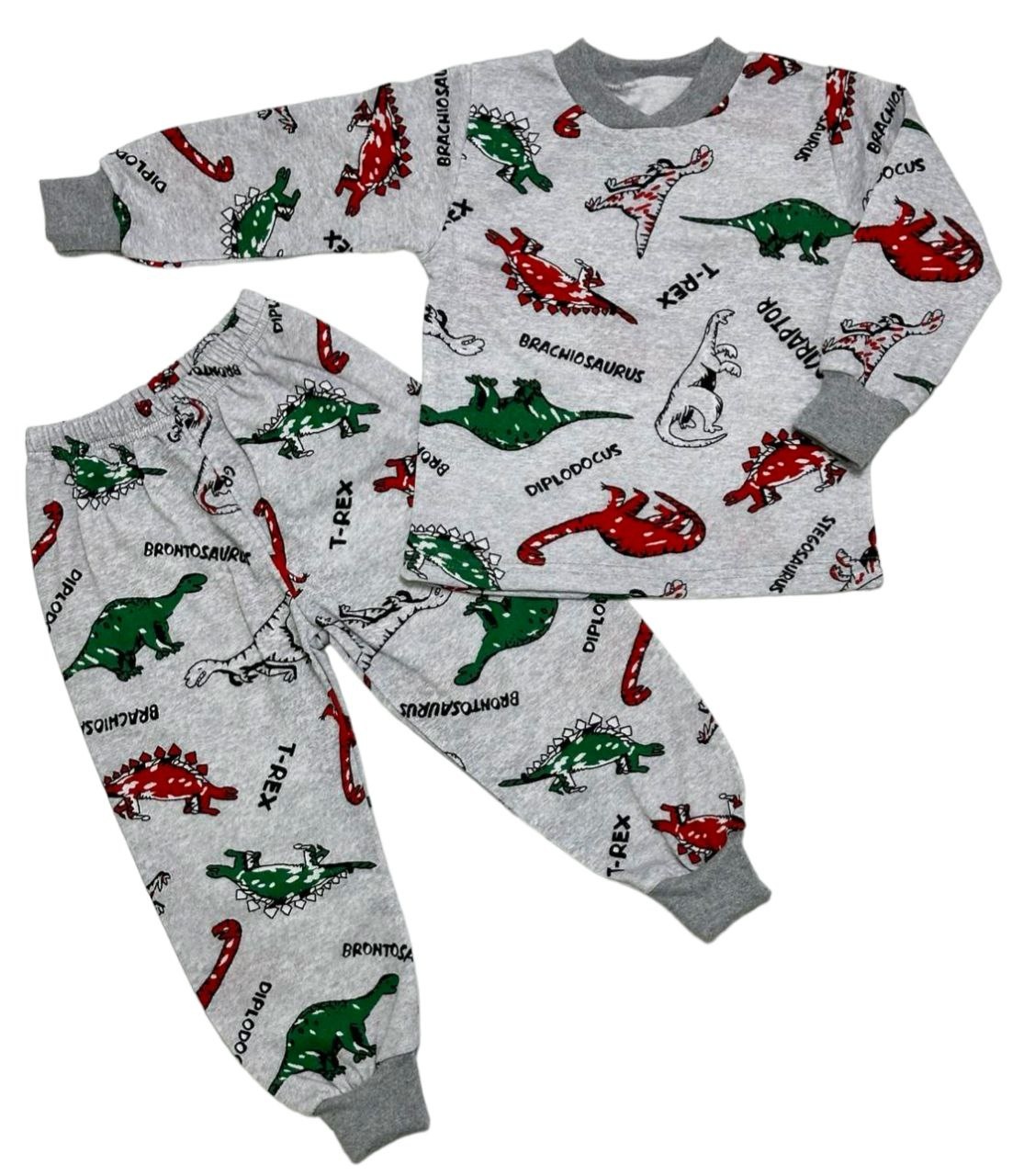 Детские трикотажные пижамы для мальчика. Пижама с манжетом цветной футер серого цвета с изображением динозавриков. ТМ «Пташка Украина»