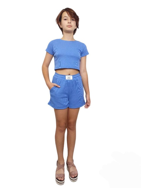 Комплект футболка с шортами однотонный рубчик голубого цвета, Голубой, 12-14 лет, 152см