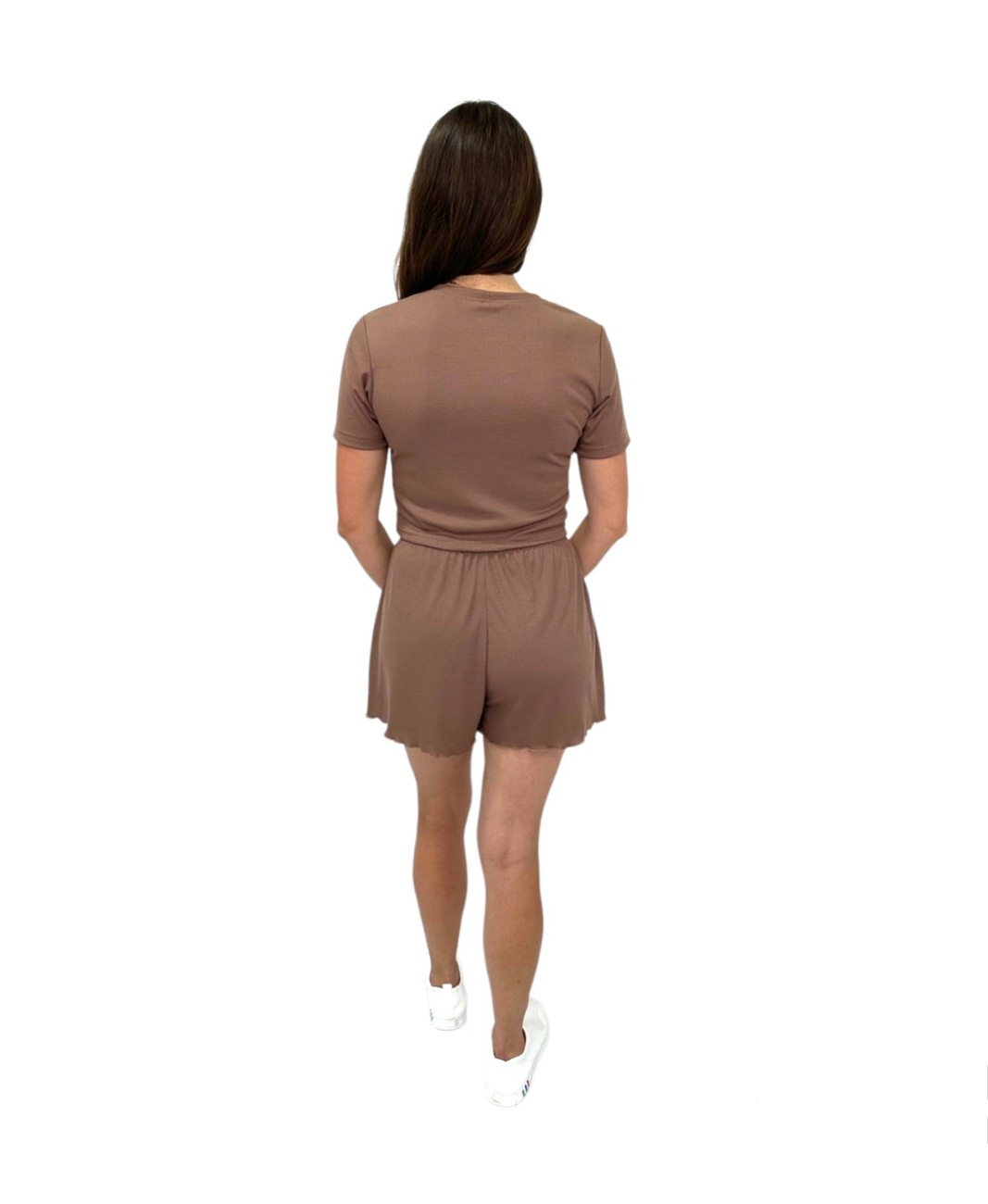 Комплект жіночий футболка із шортами мустанг рубчик коричневого кольору, Коричневий, Коричневий, 42