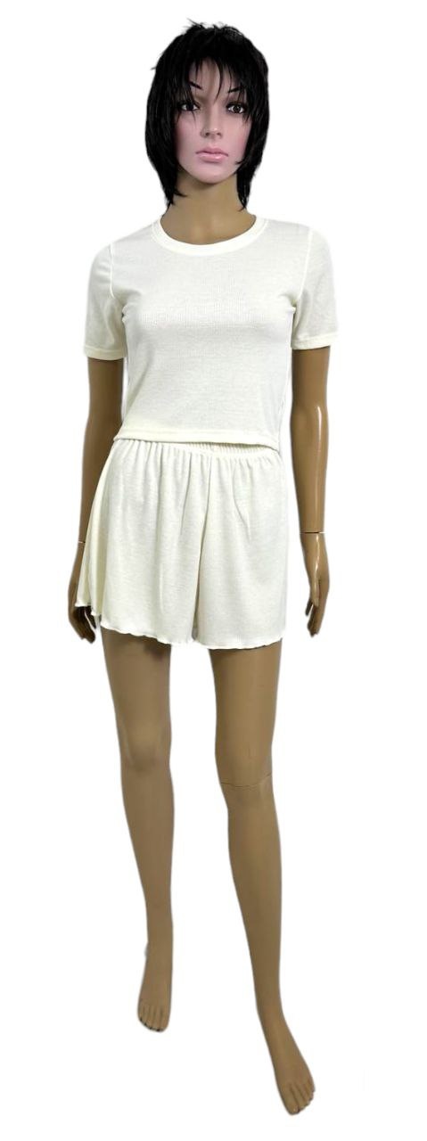 Комплект жіночий футболка із шортами мустанг рубчик молочного кольору, Молочний, 42