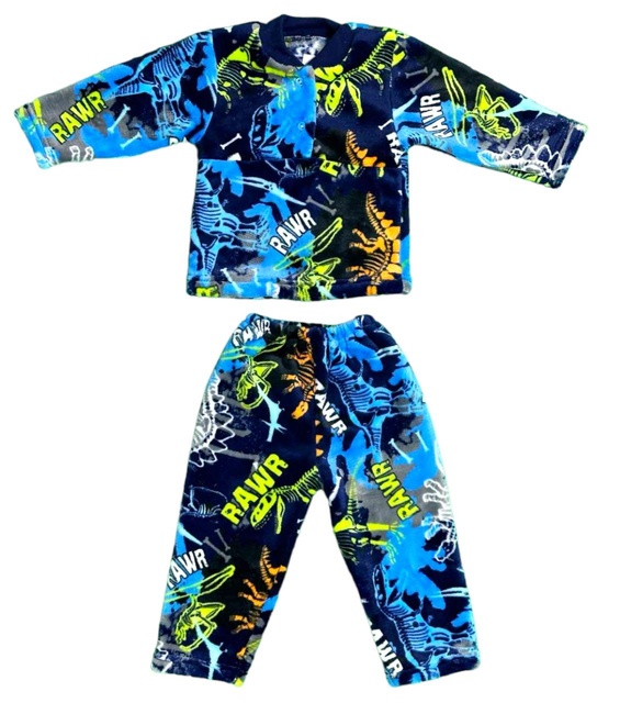 Детские трикотажные пижамы для мальчика. Пижама детская на 2-х пуговицах рваная махра тёмно-синего цвета с изображением динозавриков. ТМ «Пташка Украина»