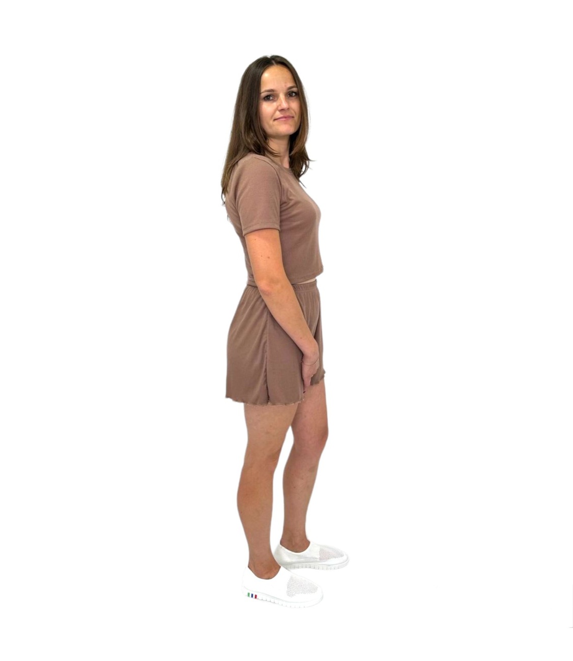 Комплект жіночий футболка із шортами мустанг рубчик коричневого кольору, Коричневий, Коричневий, 44