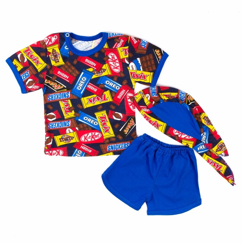 Комплект «Футболка+шорти+бандана» кулір синього кольору, Синій, 24, 6-9 місяців, 68-74см