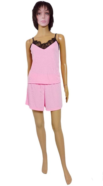 Комплект женский с кружевом и шортами рубчик розового цвета, Розовый, 48