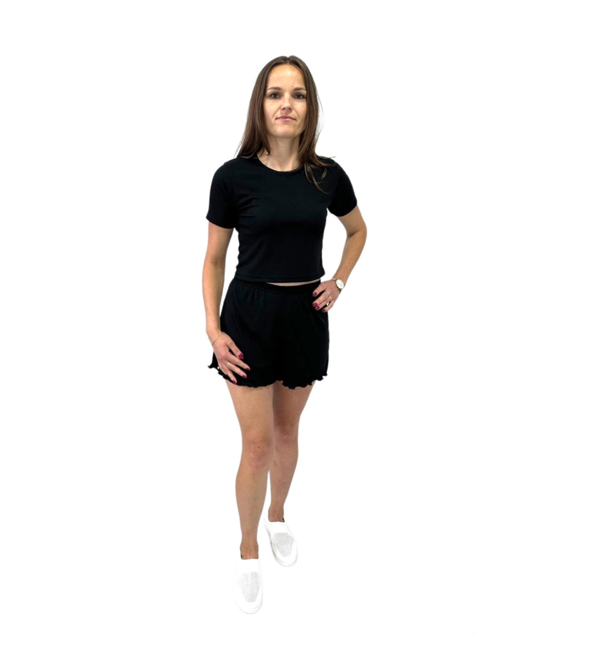 Комплект жіночий футболка із шортами мустанг рубчик чорного кольору, Чорний, Чорний, 42