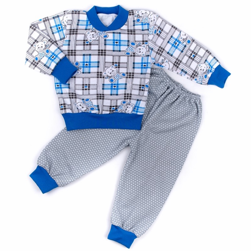 Дитячі трикотажні піжами для хлопчика. Піжама комбінована футер на манжетах синього кольору. ТМ «Пташка Украина»