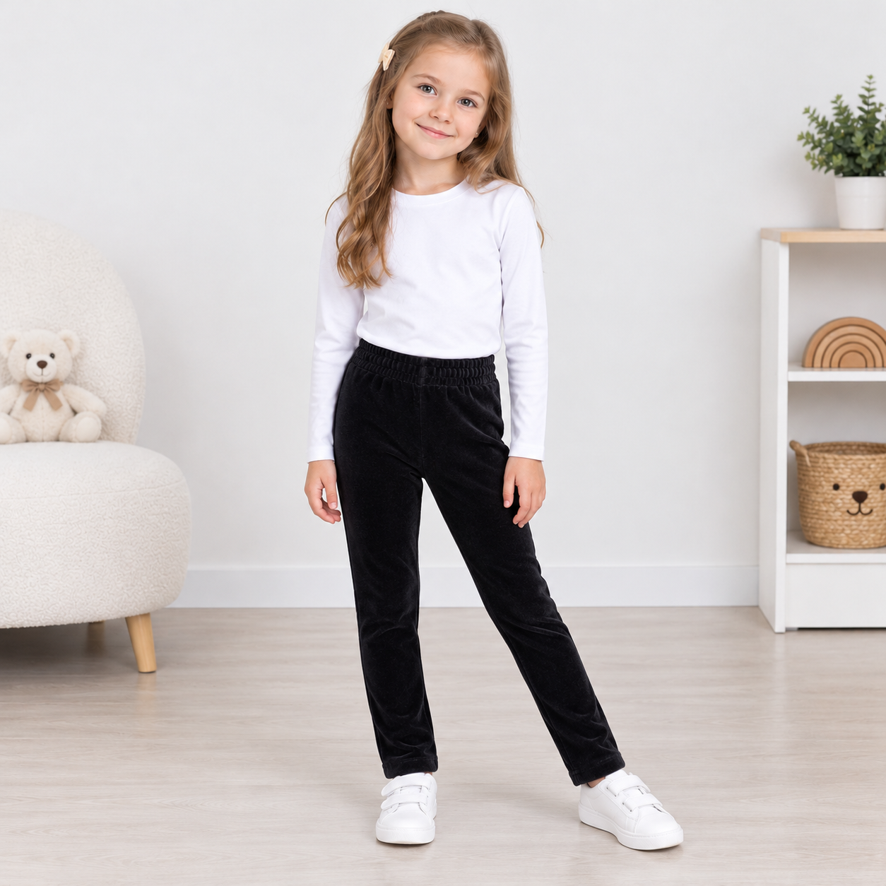 Лосины для девочки велюр-мех чёрного цвета, Черный, 6-7 лет, 122см