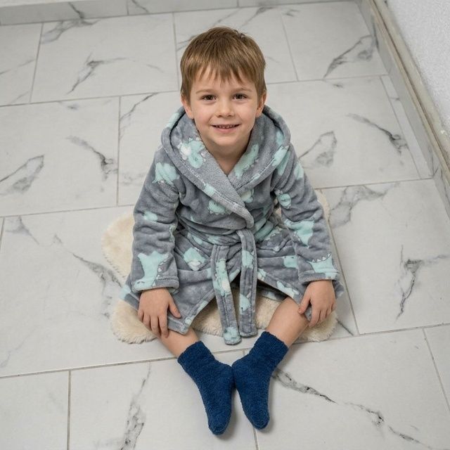 Халат з капюшоном рвана махра сірого кольору із зображенням динозавриків, Сірий, 36, 9-10 років, 134-140см