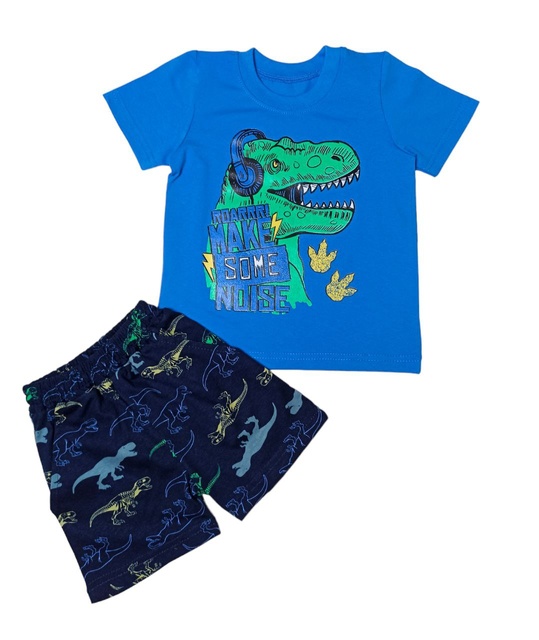 Комплект для мальчика футболка с рисунком и шортами кулир с изображением динозавриков, Синий, 6-7 лет, 122см