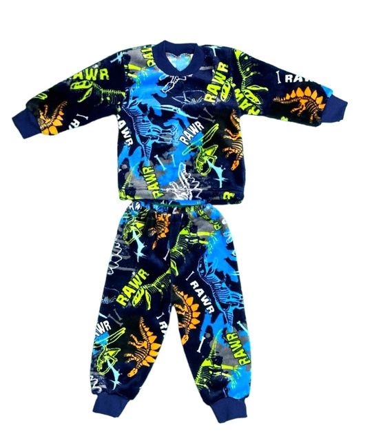 Детские трикотажные пижамы для мальчика. Пижама на манжете темно-синего цвета  с изображением динозавриков цветная рваная махра. ТМ «Пташка Украина»