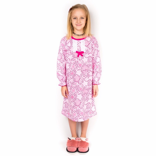 Детская ночная сорочка «ЛОРА» начес малинового цвета с сердечками, Малиновый, 36, 9-10 лет, 134-140см