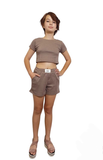 Комплект футболка із шортами однотонний рубчик коричневого кольору, Коричневий, 12-14 років, 152см