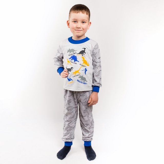 Дитячі трикотажні піжами для хлопчика. Трикотажна піжама для хлопчика «ДИНОЗАУР» кулір синього кольору. ТМ «Пташка Украина»