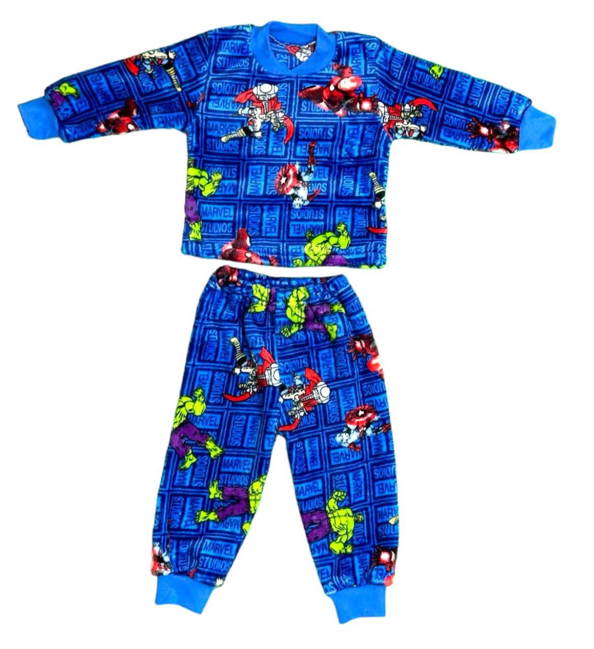 Дитячі трикотажні піжами для хлопчика. Піжама на манжеті синього кольору кольорова рвана махра. ТМ «Пташка Украина»