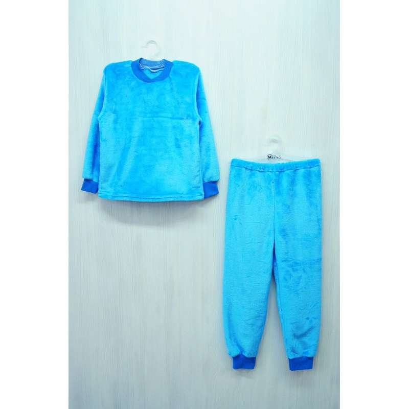 Дитячі трикотажні піжами для хлопчика. Піжама на манжеті однотонна рвана махра блакитного кольору. ТМ «Пташка Украина»