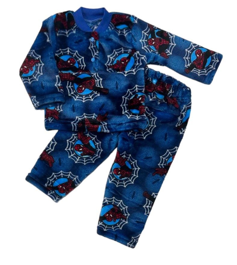 Дитячі трикотажні піжами для хлопчика. Піжама дитяча на 2-х гудзиках рвана махра синього кольору  із зображенням павука. ТМ «Пташка Украина»