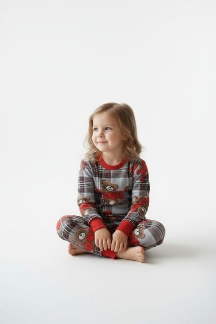 Пижама с манжетом цветной начёс в красную клеточку, Красный, 4-5 лет, 110см