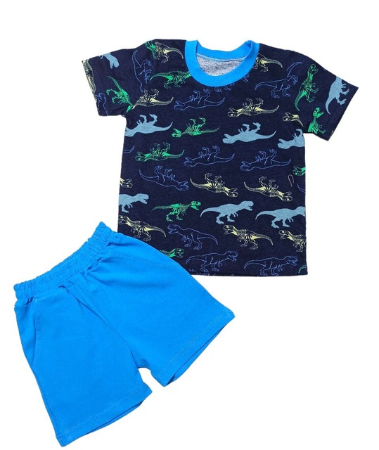 Комплект для мальчика футболка с однотонными шортами кулир с изображением динозавриков, Синий, 6-7 лет, 122см
